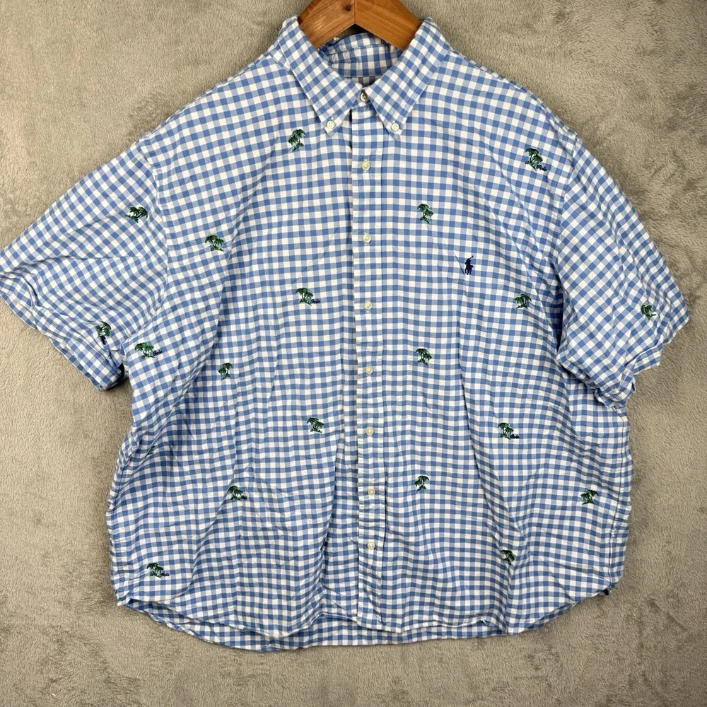 Polo Ralph Lauren Palm Tree Button Down Shirt Mens 3XB Blue Gingham Beach Casual